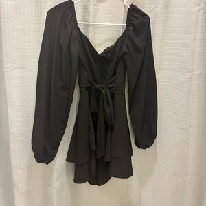 Black Long Sleeve Tiered Romper with Tie Waist